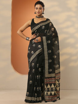 Libas - Black Printed Silk Blend Saree with Unstitched Blouse