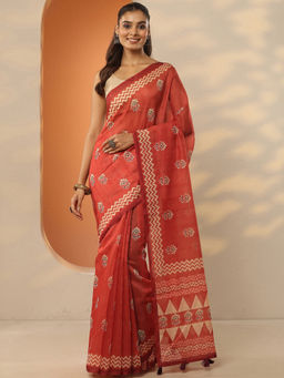 Libas - Red Printed Silk Blend Saree with Unstitched Blouse