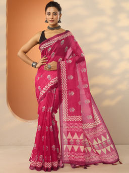 Libas - Pink Printed Silk Blend Saree with Unstitched Blouse