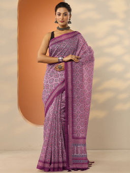 Libas - Pink Printed Silk Blend Saree with Unstitched Blouse