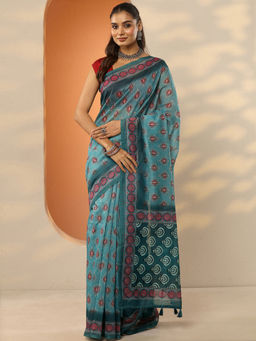Libas - Blue Printed Silk Blend Saree with Unstitched Blouse