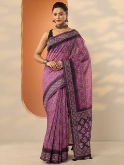 Libas - Purple Printed Silk Blend Saree with Unstitched Blouse