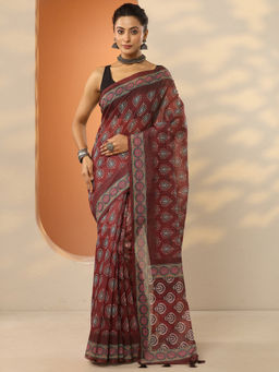 Libas - Brown Printed Silk Blend Saree with Unstitched Blouse