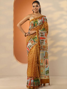 Libas - Mustard Printed Silk Blend Saree with Unstitched Blouse