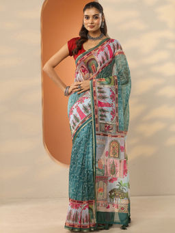 Libas - Blue Printed Silk Blend Saree with Unstitched Blouse