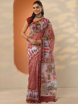 Libas - Brown Printed Silk Blend Saree with Unstitched Blouse
