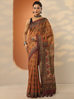 Libas - Brown Printed Silk Blend Saree with Unstitched Blouse