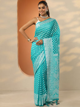 Libas - Turquoise Ethnic Motifs Georgette Saree with Unstitched Blouse