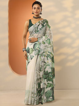 Libas - Off White Printed Linen Saree with Unstitched Blouse