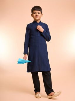Manyavar - Navy Blue Opulence Self Design Kurta and Pyjama