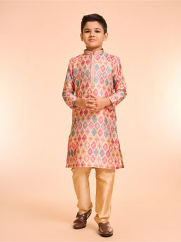 Manyavar - Elegant Beige Printed Kurta and Pyjama