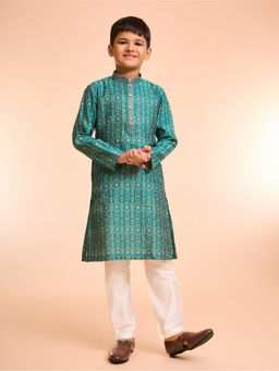Manyavar - Vibrant Teal Green Printed Kurta and Pyjama