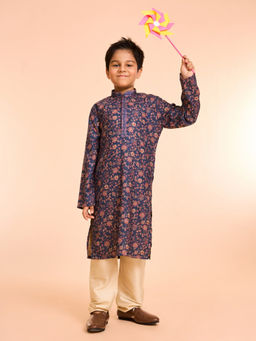 Manyavar - Dark Blue Elegance Printed Kurta and Pyjama