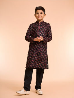 Manyavar - Black Vermillion Viscose Embroidered Kurta and Pyjama