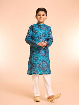 Manyavar - Turquoise Blue Printed Kurta and Pyjama