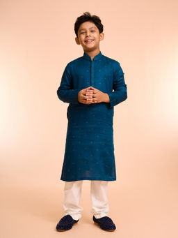 Manyavar - Teal Cotton Self Design Kurta and Pyjama