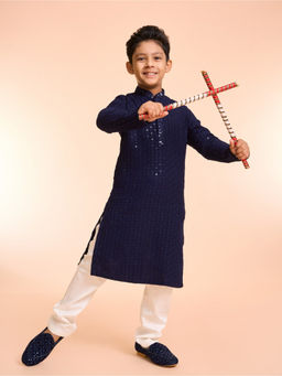 Manyavar - Elegant Dark Blue Embroidered Kurta and Pyjama