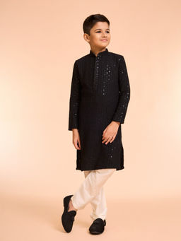 Manyavar - Black Festive Charm Embroidered Kurta and Pyjama