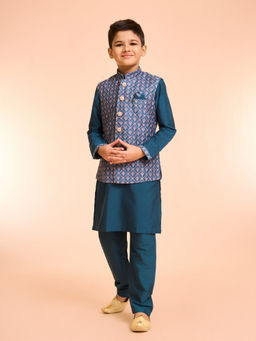 Manyavar - Teal Elegance Kurta with Jacket & Pyjama & Pocket Square, Brooch