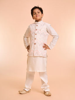 Manyavar - Warm Cream Kurta with Jacket & Pyjama & Pocket Square, Pocket Pin