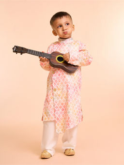 Manyavar - Peach Elegance Satin Printed Kurta and Pyjama