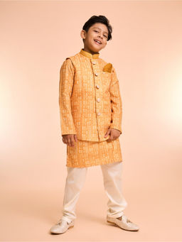 Manyavar - Radiant Mustard Kurta with Jacket & Pyjama & Pocket Square, Brooch