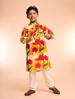 Manyavar - Glistening Mustard Printed Kurta and Pyjama