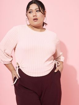 AAREIN - Light Pink Boat Neck Three Fourth Sleeves Self Design Casual Fitted Top