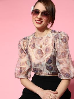 AAREIN - Beige Round Neck Three Fourth Sleeves Printed Casual Crop Top