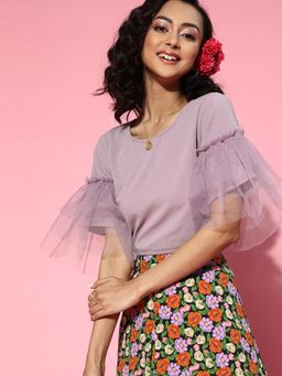 AAREIN - Lavender Round Neck Half Sleeves Solid Casual Crop Top