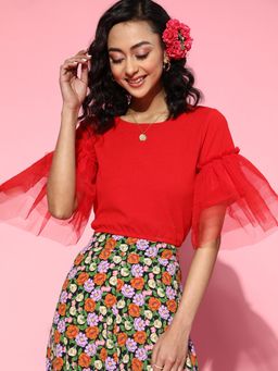 AAREIN - Red Round Neck Half Sleeves Solid Casual Crop Top