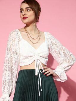 AAREIN - White Round Neck Three Fourth Sleeves Self Design Casual Crop Top