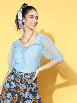 AAREIN - Ice Blue Sweetheart Neck Half Sleeves Self Design Casual Blouson Top