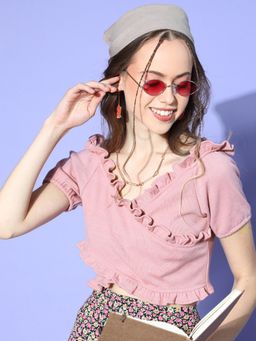 AAREIN - Clay Pink V-Neck Half Sleeves Solid Casual Crop Top