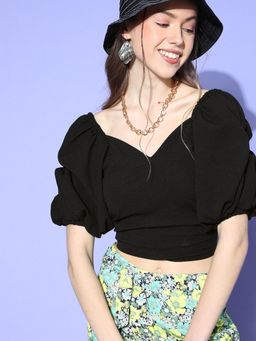 AAREIN - Black Sweetheart Neck Half Sleeves Solid Casual Blouson Crop Top