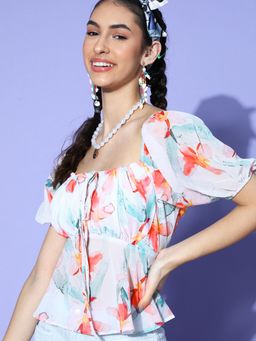 AAREIN - White Square Neck Half Sleeves Floral Casual Blouson Top
