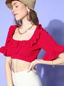 AAREIN - Fuchsia Pink Square Neck Half Sleeves Solid Casual Blouson Crop Top