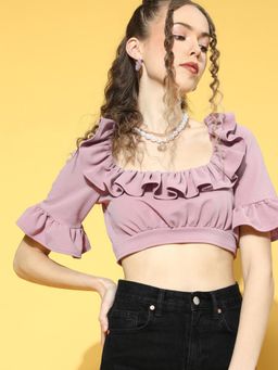 AAREIN - Lavender Square Neck Half Sleeves Solid Casual Blouson Crop Top