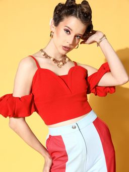 AAREIN - Red Sleeveless Solid Casual Crop Top