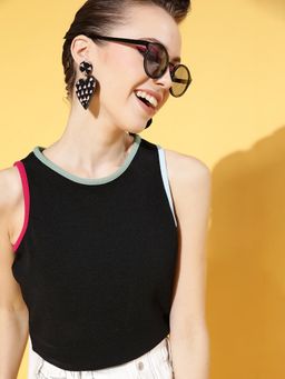 AAREIN - Black Round Neck Sleeveless Solid Casual Regular Top