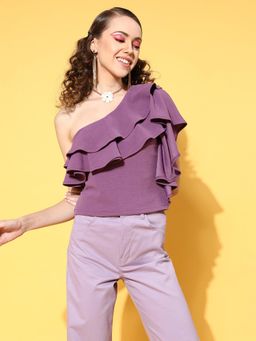 AAREIN - Purple One Shoulder Sleeveless Solid Party Regular Top