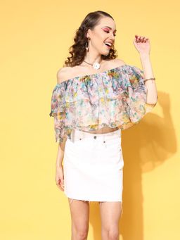 AAREIN - White Off Shoulder Sleeveless Floral Party Regular Top