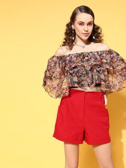 AAREIN - Black Off Shoulder Sleeveless Floral Party Regular Top