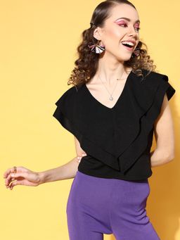 AAREIN - Black V-Neck Solid Party Regular Top