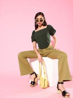 AAREIN - Dark green Square Neck Half Sleeves Solid Party Regular Top