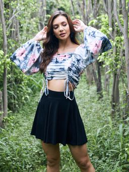 AAREIN - Blue Square Neck Balloon Sleeve Floral Casual Regular Crop Top