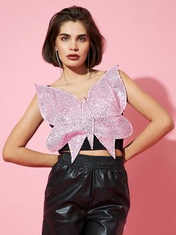 AAREIN - Pink & Black Shoulder Straps Sleeveless Embellished Party Fitted Crop Top
