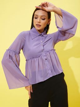 AAREIN - Lavender Flared Sleeve Solid Casual Regular Top