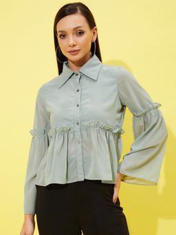 AAREIN - Sage Green Flared Sleeve Solid Casual Regular Top