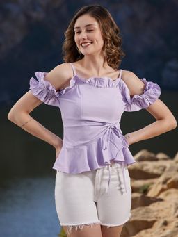 AAREIN - Lavender Off Shoulder Solid Casual Peplum Top